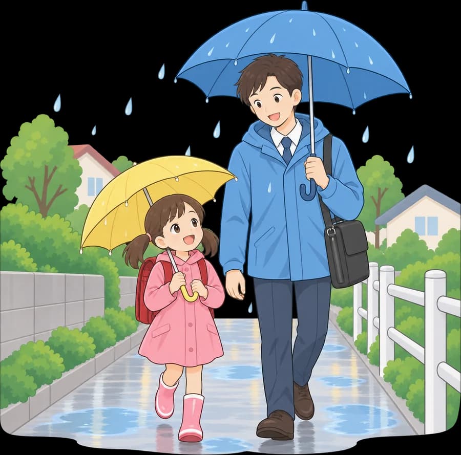 傘をさして歩く小学生と、そばを歩く大人