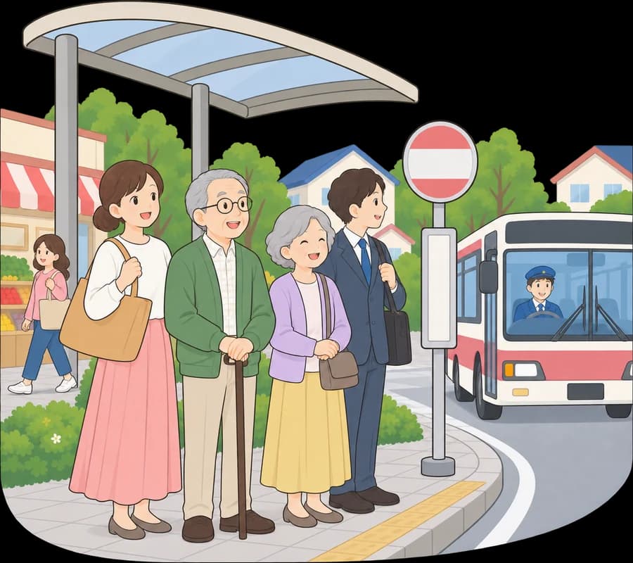 バス停でバスを待つ人たちと、止まっているバス